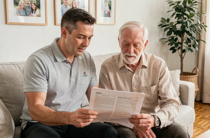 Un accompagnateur professionnel aidant un homme âgé à comprendre les services seniors proposés à domicile