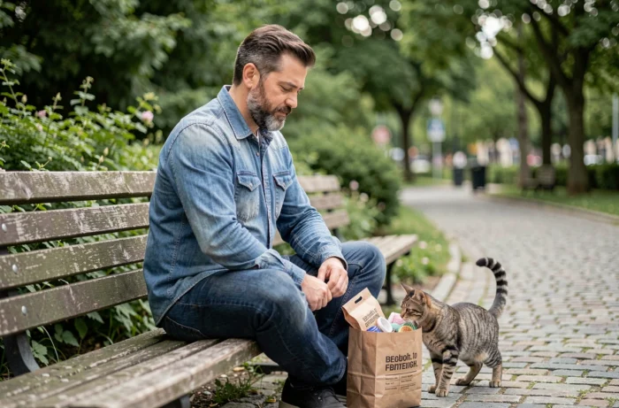 Homme avec un chat tigré explorant de nouveaux accessoires pour animaux dans un sac en papier dans un parc urbain