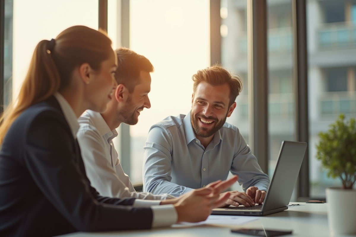 Deux professionnels en visioconférence dans un espace de travail lumineux
