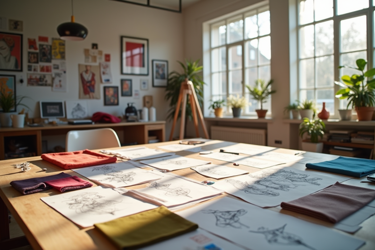 Studio de mode avec planches et tissus lumineux