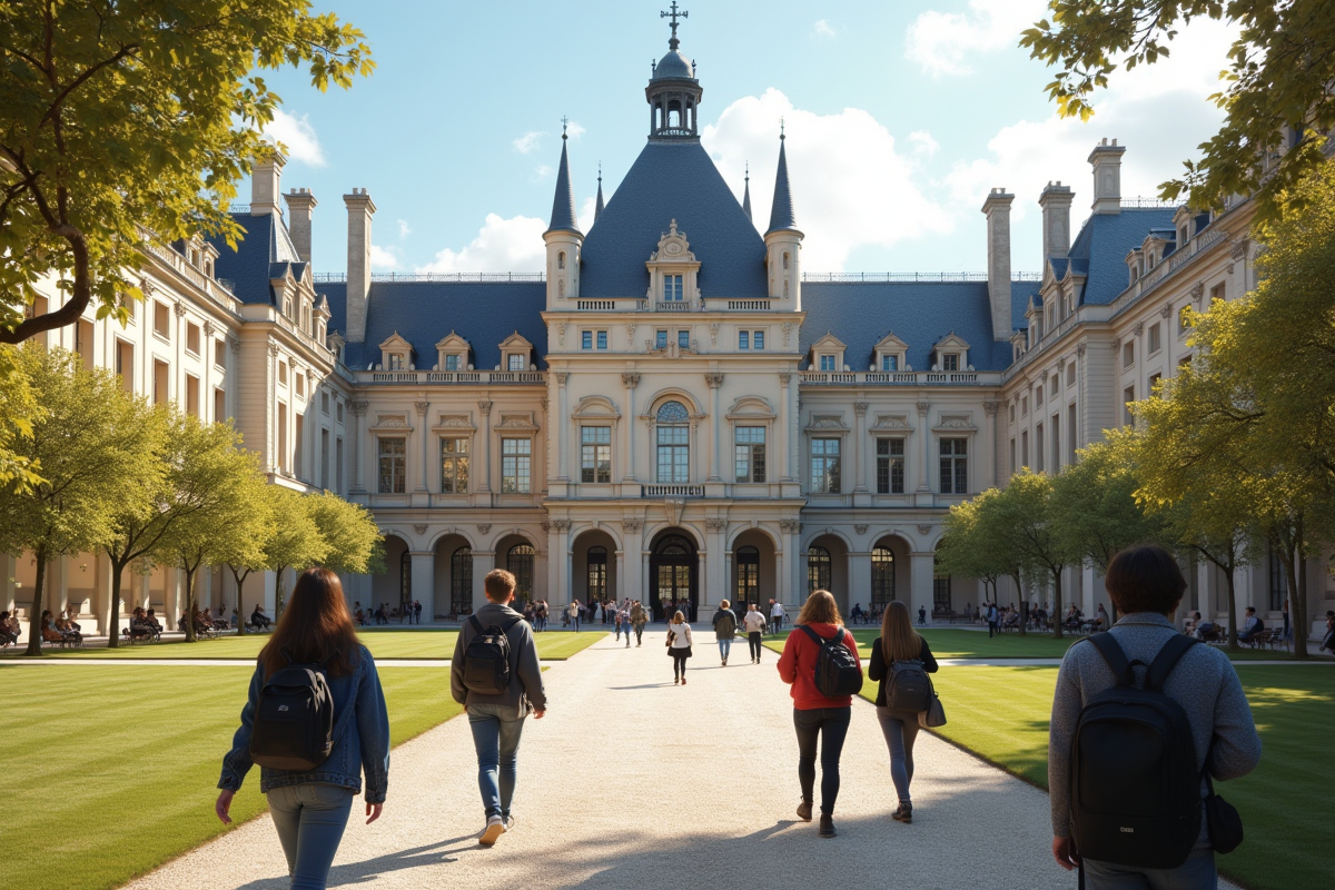 Etudiants devant un bâtiment historique français avec appareils numériques