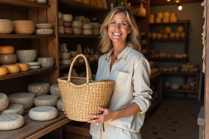 Femme tenant un panier tressé sarde à l'intérieur d'une boutique d'artisanat traditionnel à Nuoro, Sardaigne