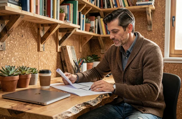 Homme étudiant des plans d'éco-rénovation dans un bureau à domicile décoré de matériaux durables comme le liège et le bois recyclé