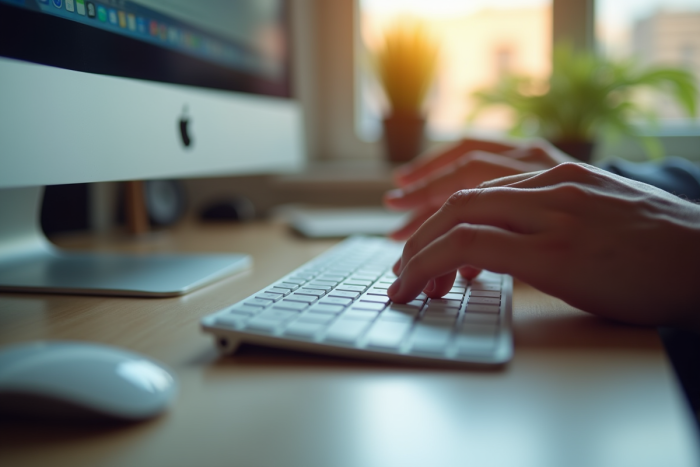 Bureau moderne avec clavier Mac en gros plan et mains utilisant des raccourcis