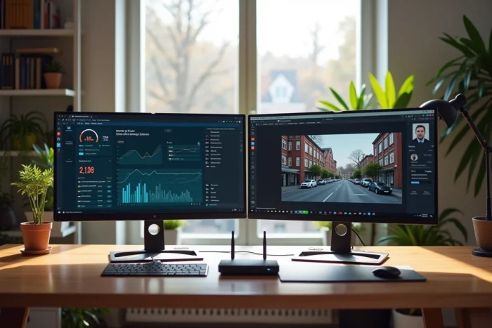 Bureau de télétravail avec deux écrans affichant un test de débit internet et une visioconférence, routeur Wi-Fi 6 et câble ethernet visibles