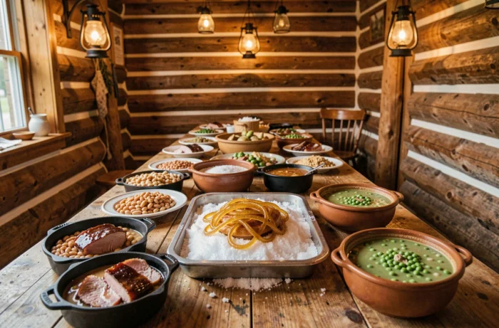 Table festive d'une cabane à sucre québécoise avec jambon à l'érable, fèves au lard, soupe aux pois et tire sur la neige