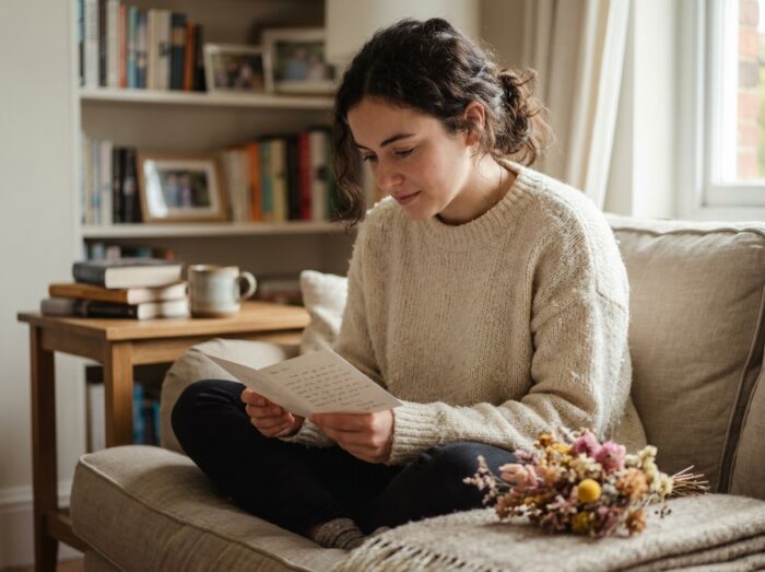 Une jeune femme lisant une carte de condoléances manuscrite sur un canapé, entourée de fleurs séchées, dans une atmosphère intime de recueillement