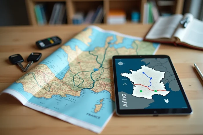 Comparaison entre carte routière papier et application de calcul d'itinéraire numérique sur tablette