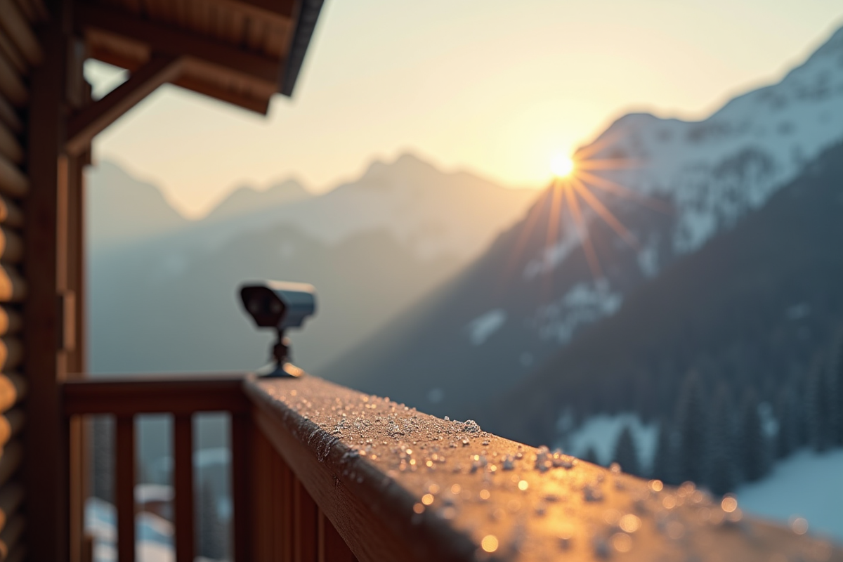 Webcam sur balcon de chalet avec vue sur montagnes au lever du soleil