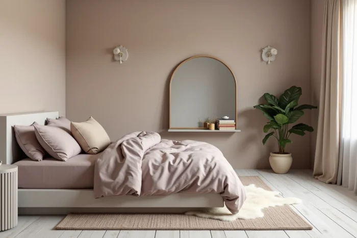 Chambre minimaliste tendance 2024 avec lit plateforme en lin froissé mauve, table de chevet en plâtre cannelé et grand miroir arqué appuyé contre un mur greige