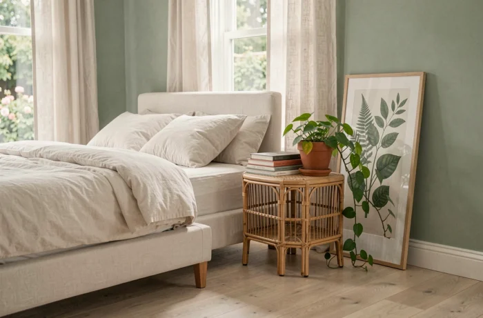 Chambre décorée dans un style scandinave avec linge naturel, plante verte et objets artisanaux
