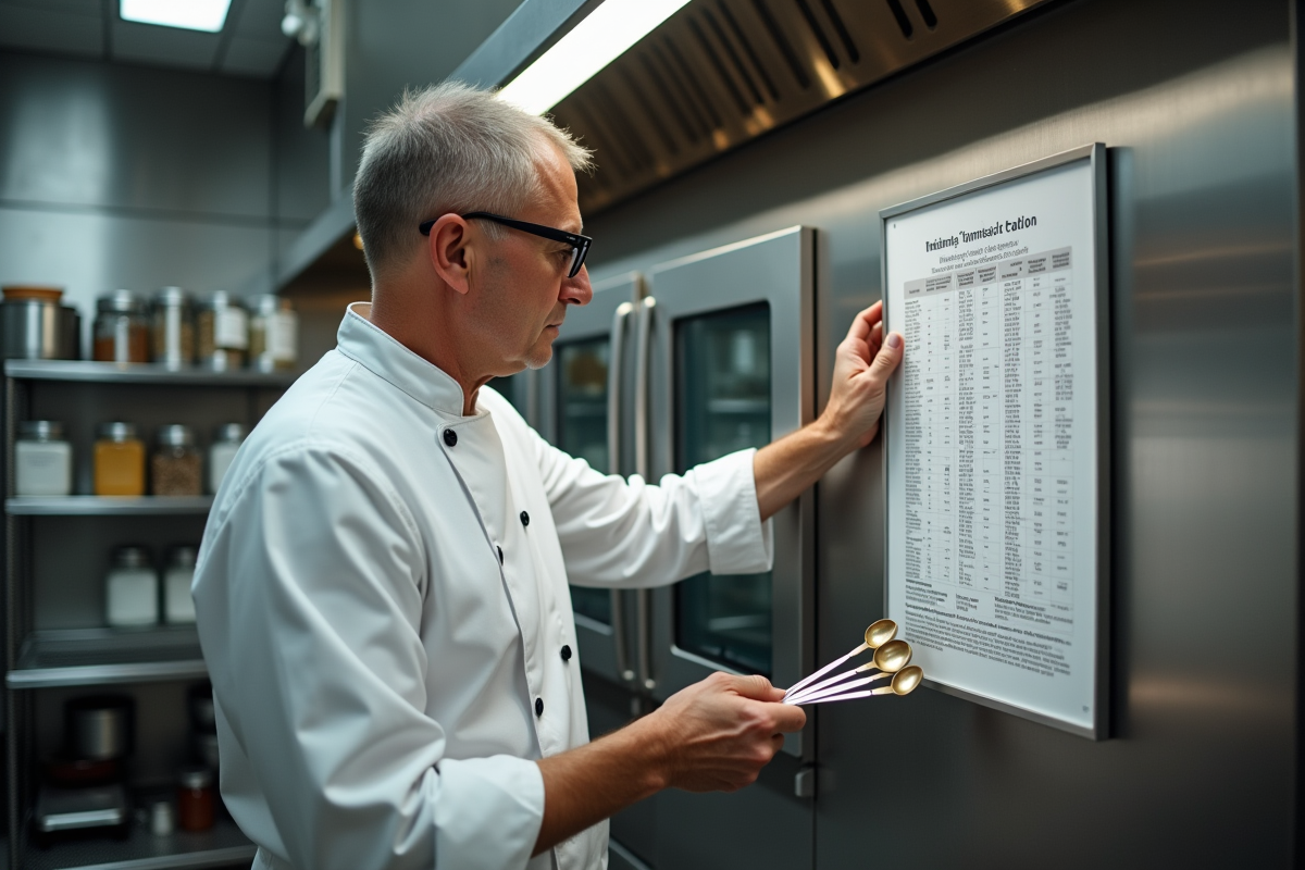 Chef professionnel examine cuillères de mesure dans cuisine