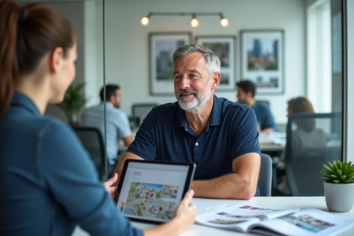 Client discutant avec un conseiller immobilier dans une agence moderne autour d'une tablette affichant des annonces