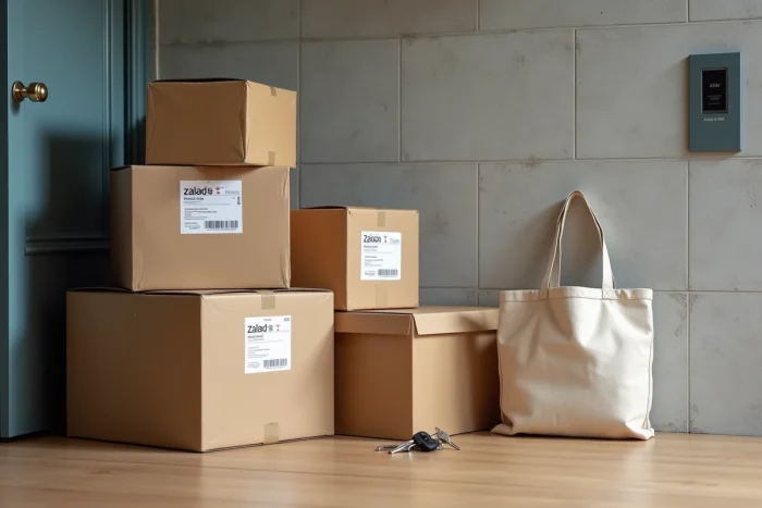 Plusieurs colis Zalando empilés près d'une boîte aux lettres dans un immeuble belge