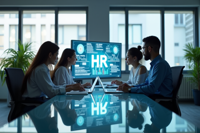 Groupe divers d'employes collaborant autour d'un bureau moderne avec logiciels RH futuristes