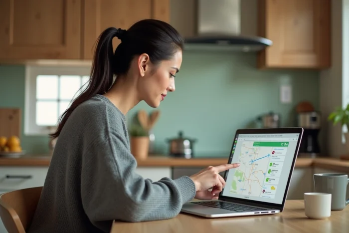 Femme comparant les itinéraires Michelin et Mappy sur un ordinateur portable dans une cuisine moderne