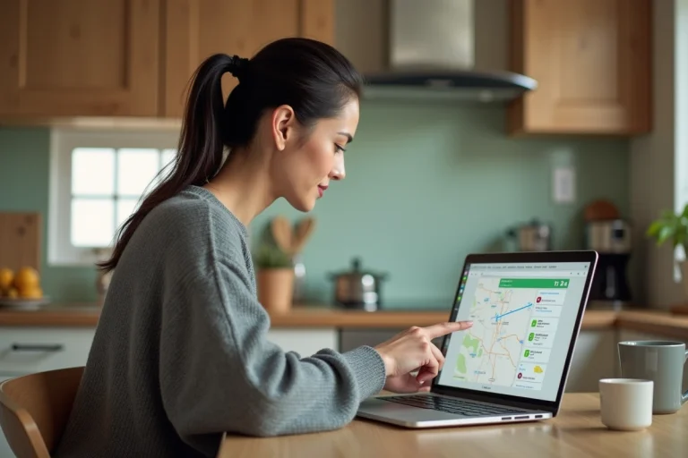 Femme comparant les itinéraires Michelin et Mappy sur un ordinateur portable dans une cuisine moderne