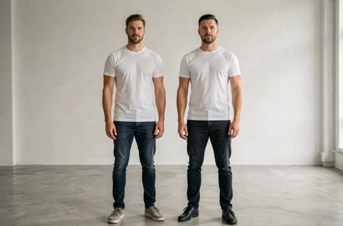 Comparaison de taille entre un homme d'1m70 et un homme d'1m80 debout côte à côte en tenue décontractée
