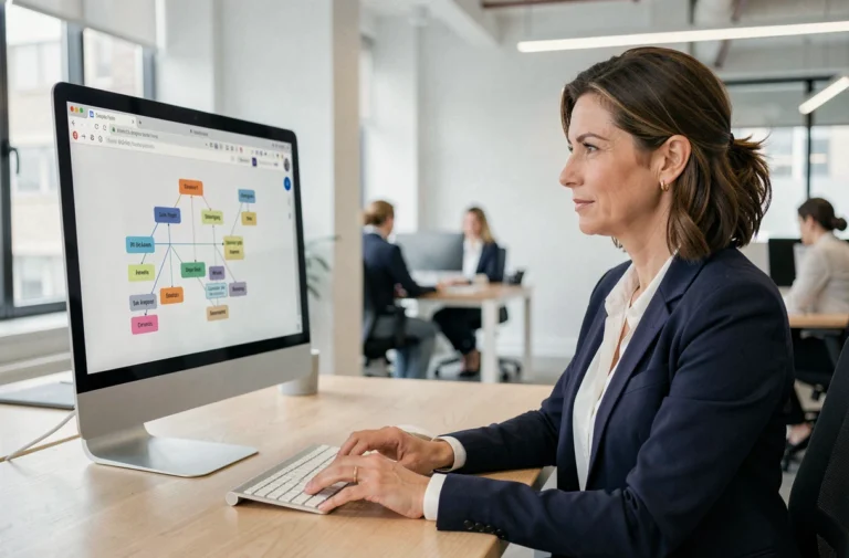 Femme professionnelle consultant le plan du site MTM France sur un ordinateur de bureau dans un bureau moderne