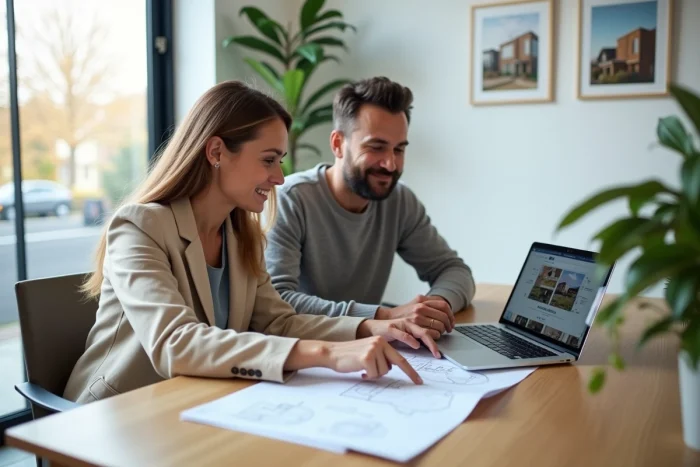 Couple consultant des avis clients sur une maison Piraino dans une agence immobilière moderne
