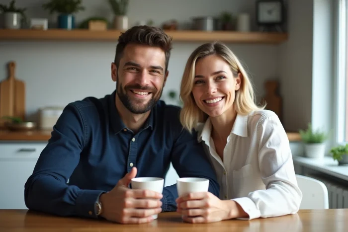 Couple souriant partageant un café dans une cuisine moderne