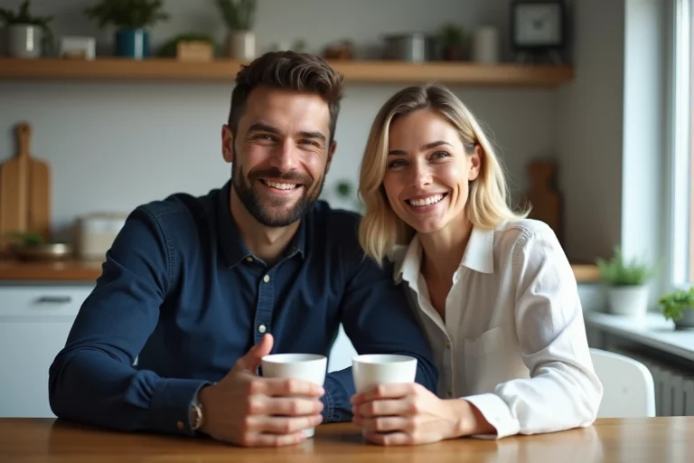 Couple souriant partageant un café dans une cuisine moderne