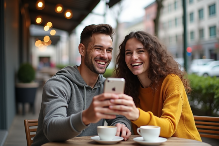 Couple souriant prenant un selfie au café avec le titre