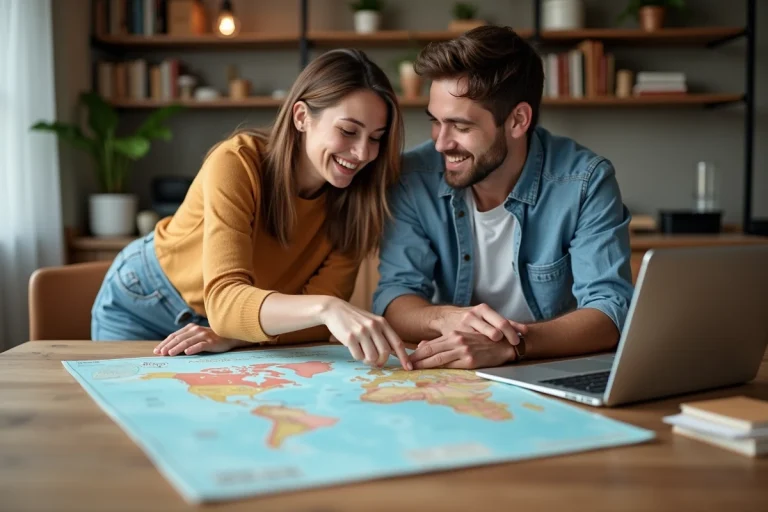 Jeune couple regardant une carte du monde à la maison