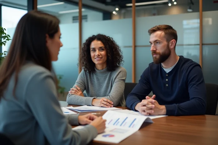 Couple en rendez-vous avec un conseiller bancaire pour discuter d'un projet de crédit immobilier