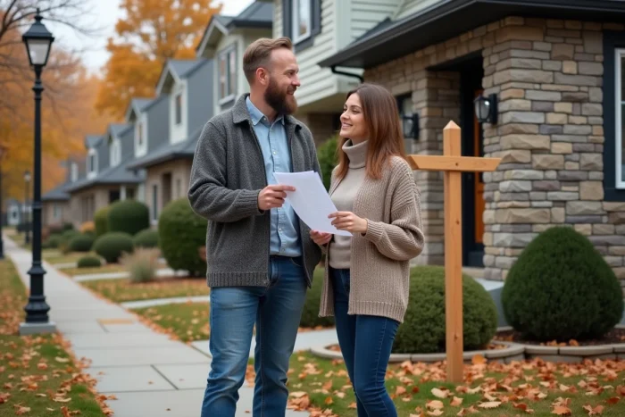 Couple visitant une maison à vendre dans un quartier résidentiel en automne