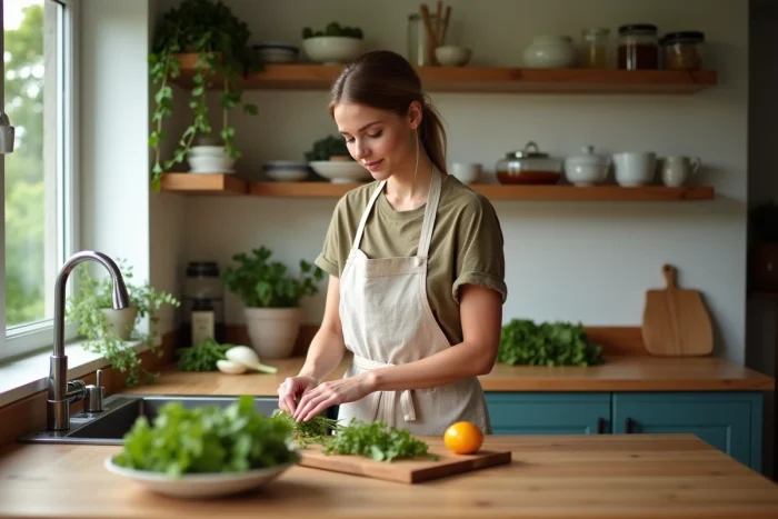 Femme préparant des légumes dans une petite cuisine écologique en bois avec étagères ouvertes et vue jardin