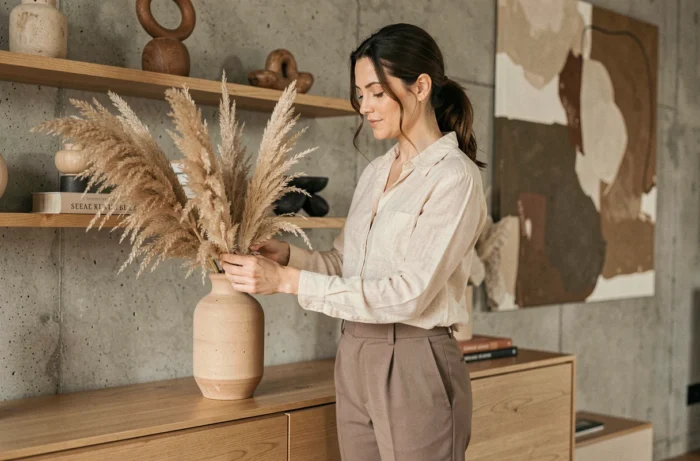 Femme arrangeant des herbes de pampa dans un vase en céramique dans un salon moderne aux murs en béton