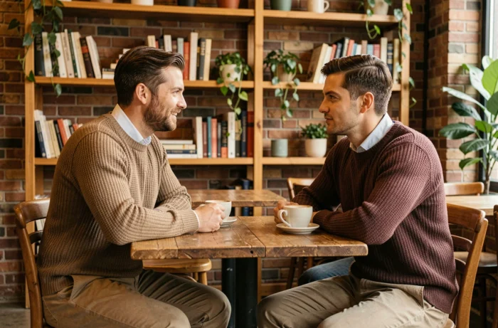 Deux hommes aux morphologies différentes assis en discussion dans un café, illustrant les nuances de taille entre 1m70 et 1m80