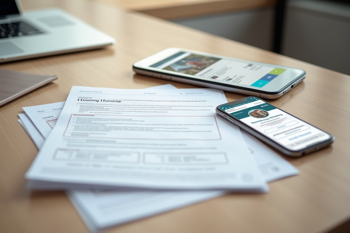 Dossiers de demande de logement social avec smartphone sur bureau
