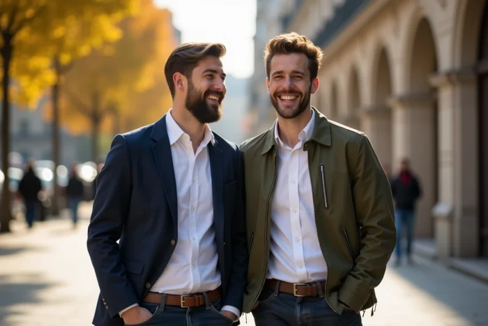 Deux hommes souriants côte à côte dans une place urbaine parisienne en automne, vêtus de manière élégante et décontractée, illustrant la complicité du duo Anthony Favalli et Florian Tardif