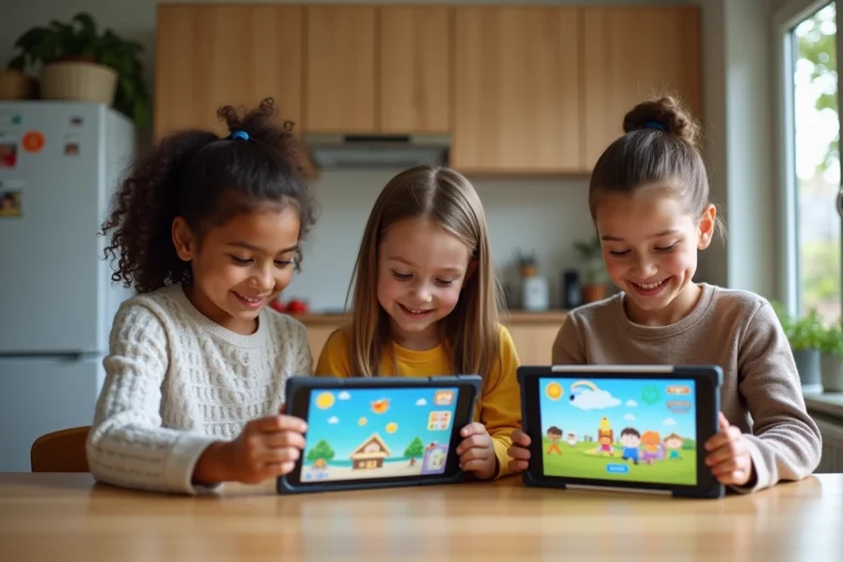 Trois enfants souriants avec tablettes dans une cuisine lumineuse