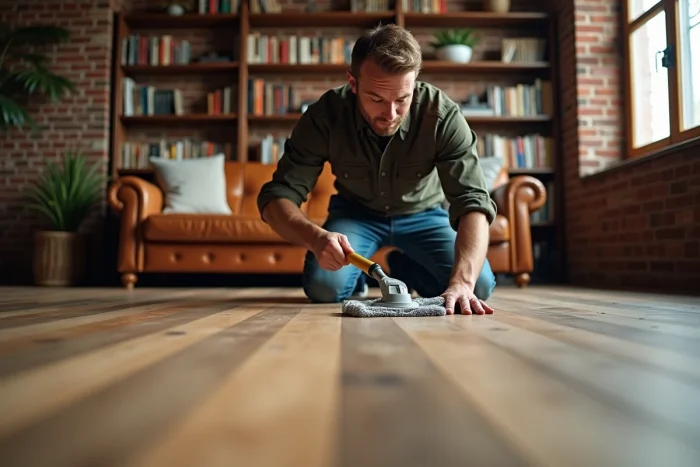 Homme entretenant un parquet en chêne avec un nettoyant spécial bois dans un salon rustique
