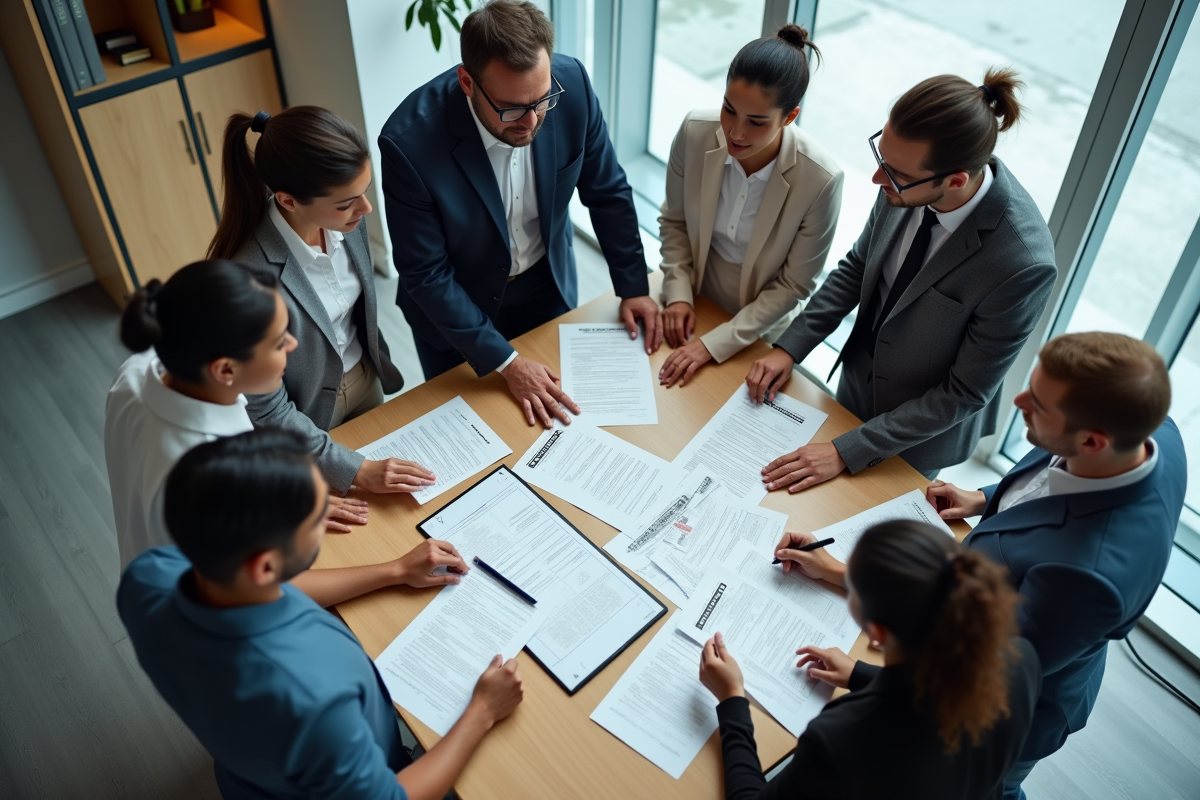 Groupe de professionnels analysant des fiches de salaire ensemble