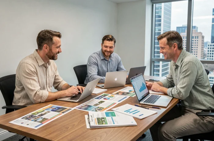 Équipe de professionnels du marketing analysant des données de campagne publicitaire autour d'une table de réunion