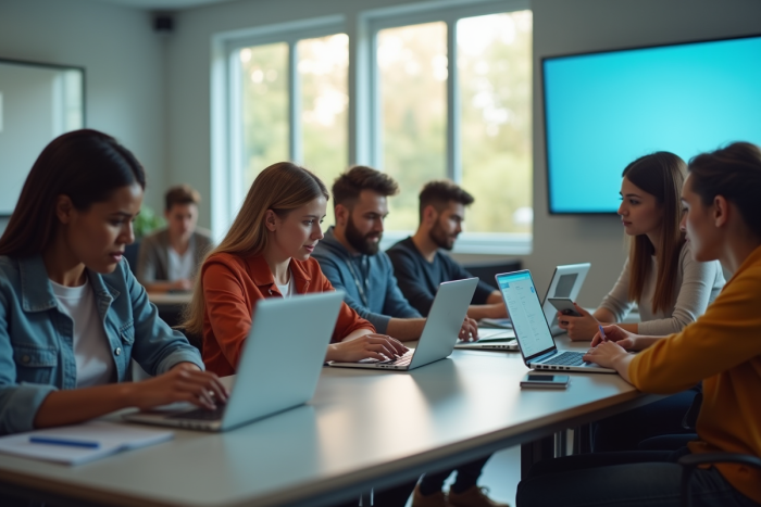 Groupe d'étudiants universitaires travaillant sur laptops dans une salle moderne
