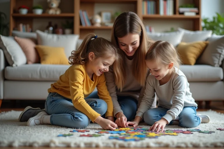 Mère et enfants jouant avec un puzzle dans le salon