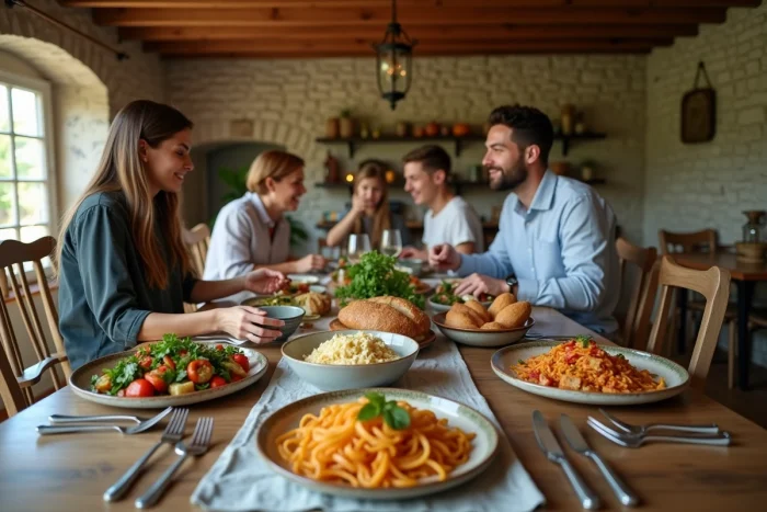 Famille réunie autour d'un repas varié sur une table rustique, illustrant la diversité des menus hebdomadaires