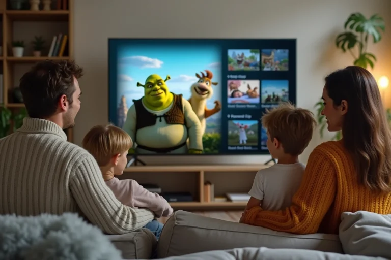 Famille souriante regardant la TV pour chercher Shrek