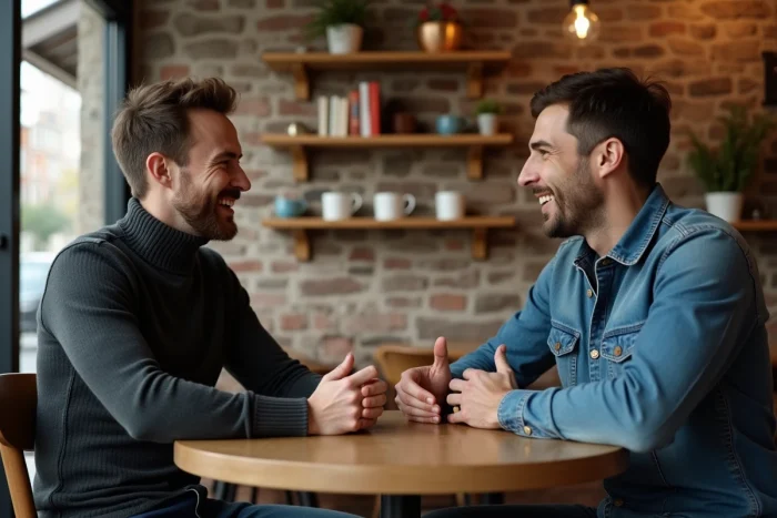 Anthony Favalli et Florian Tardif assis dans un café parisien chaleureux, en conversation animée, vêtus de façon décontractée dans une atmosphère bistrot authentique