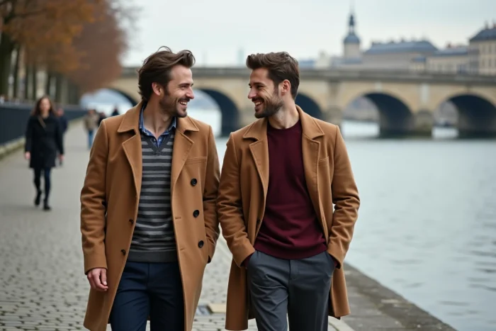 Deux hommes marchant côte à côte sur les quais pavés d'un bord de Seine en automne, en manteau et pull, dans une ambiance éditoriale urbaine authentique illustrant le duo Favalli et Tardif