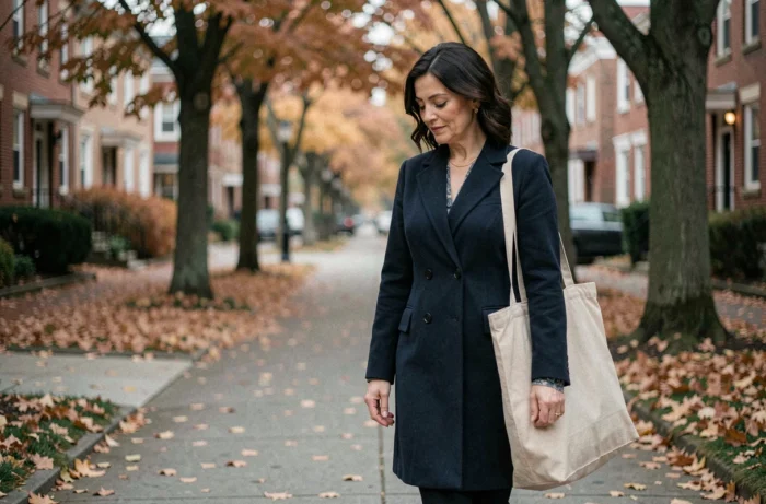 Femme anonyme marchant seule dans une rue résidentielle en automne, illustrant une vie quotidienne préservée loin de la célébrité