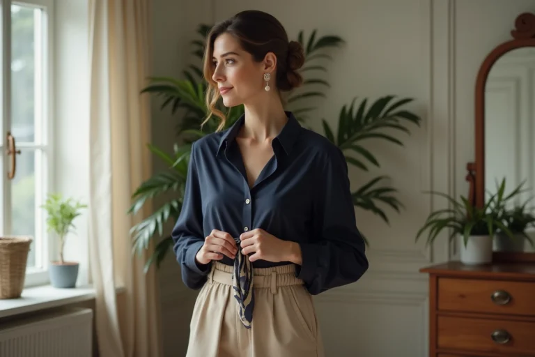 Femme élégante nouant un foulard en ceinture dans une chambre