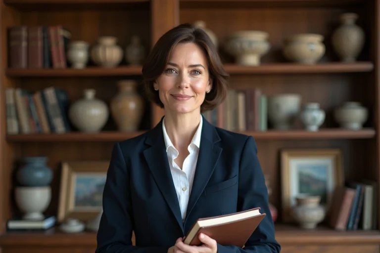 Portrait d'une femme confiante dans une bibliothèque chaleureuse