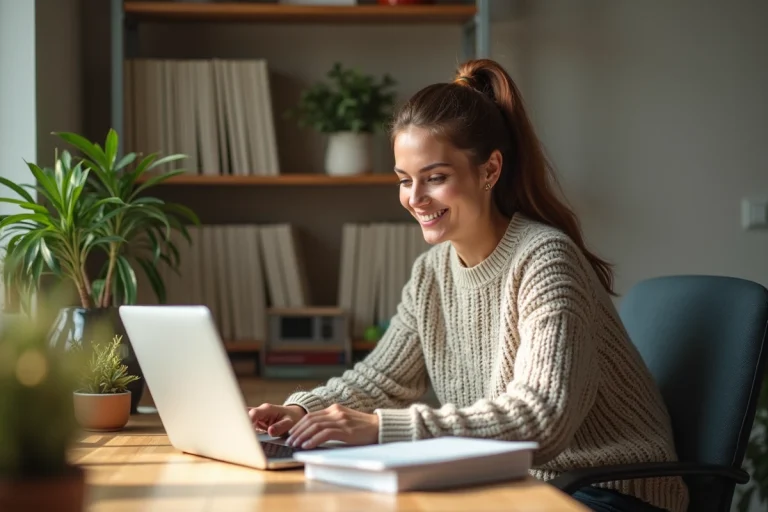 Jeune femme travaillant dans un bureau à domicile lumineux