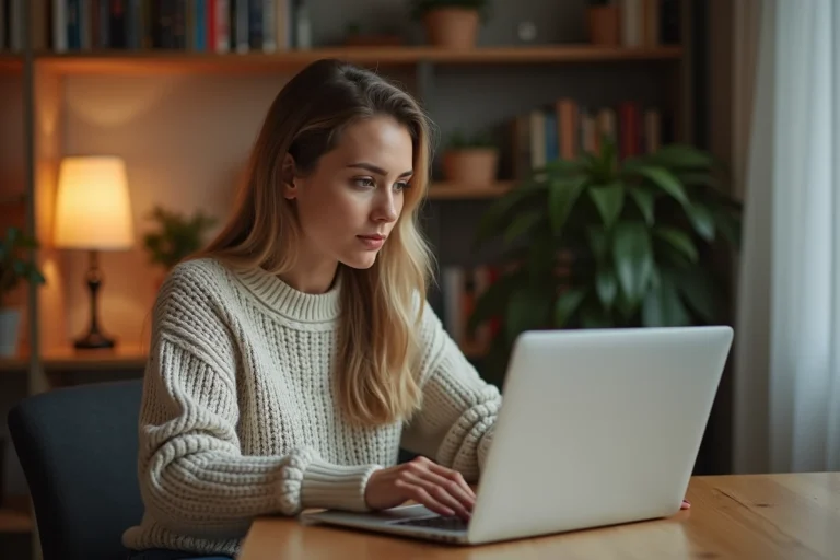 Femme concentrée travaillant sur son ordinateur à la maison